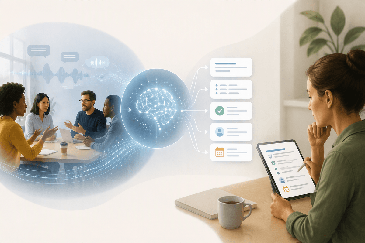 Editorial illustration for Summaries and Actions After the Conversation in AI Note-Taking Turns Conversations Into Searchable Working Memory.