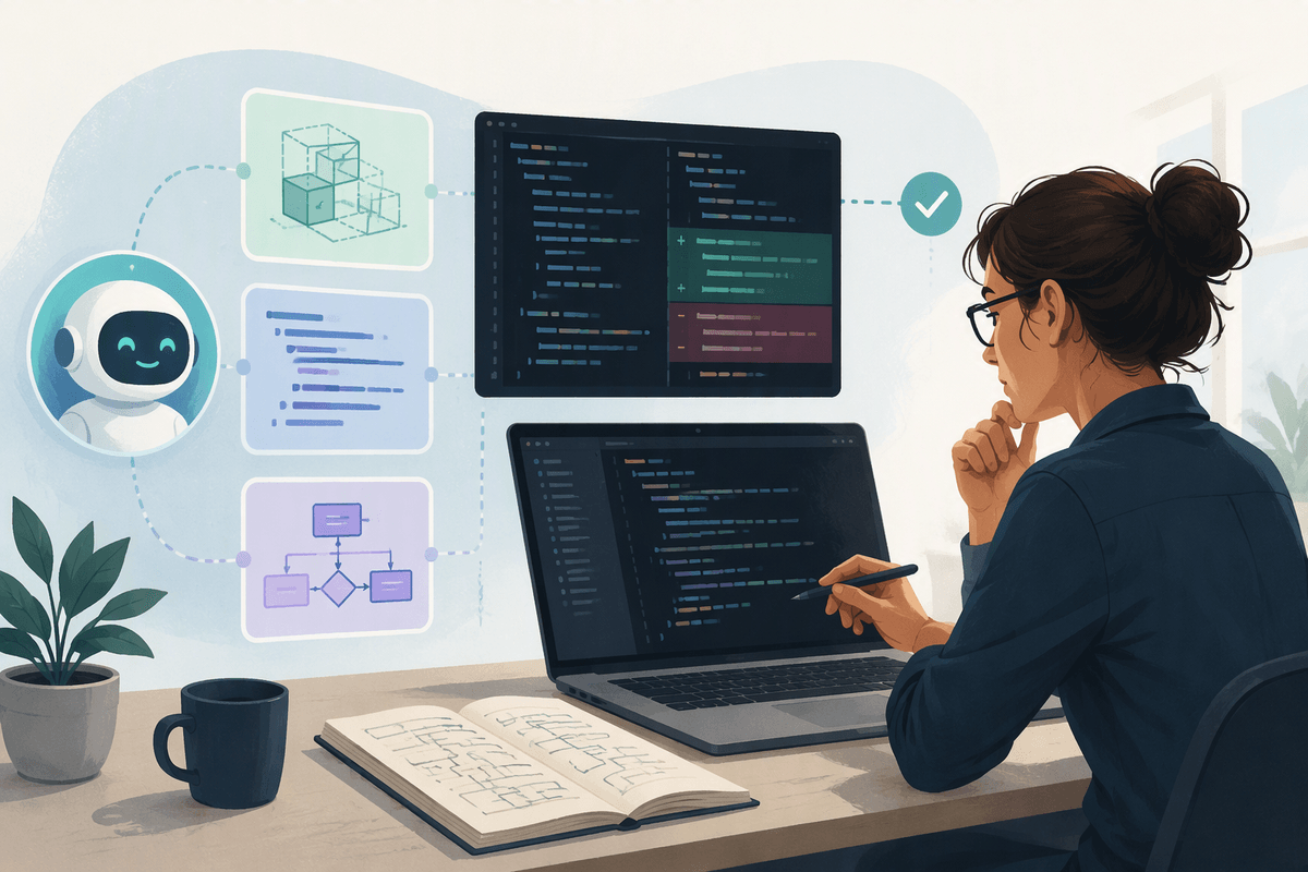 Editorial illustration for Generating Code Without Losing Understanding in Where AI Coding Assistants Fit Into Real Software Development Workflows.