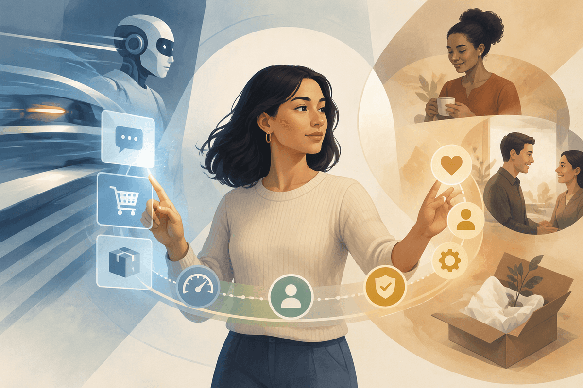 Editorial illustration for Competing on Responsiveness Without Losing Identity in How AI Is Changing Consumer Expectations for Speed, Personalization, and Service.