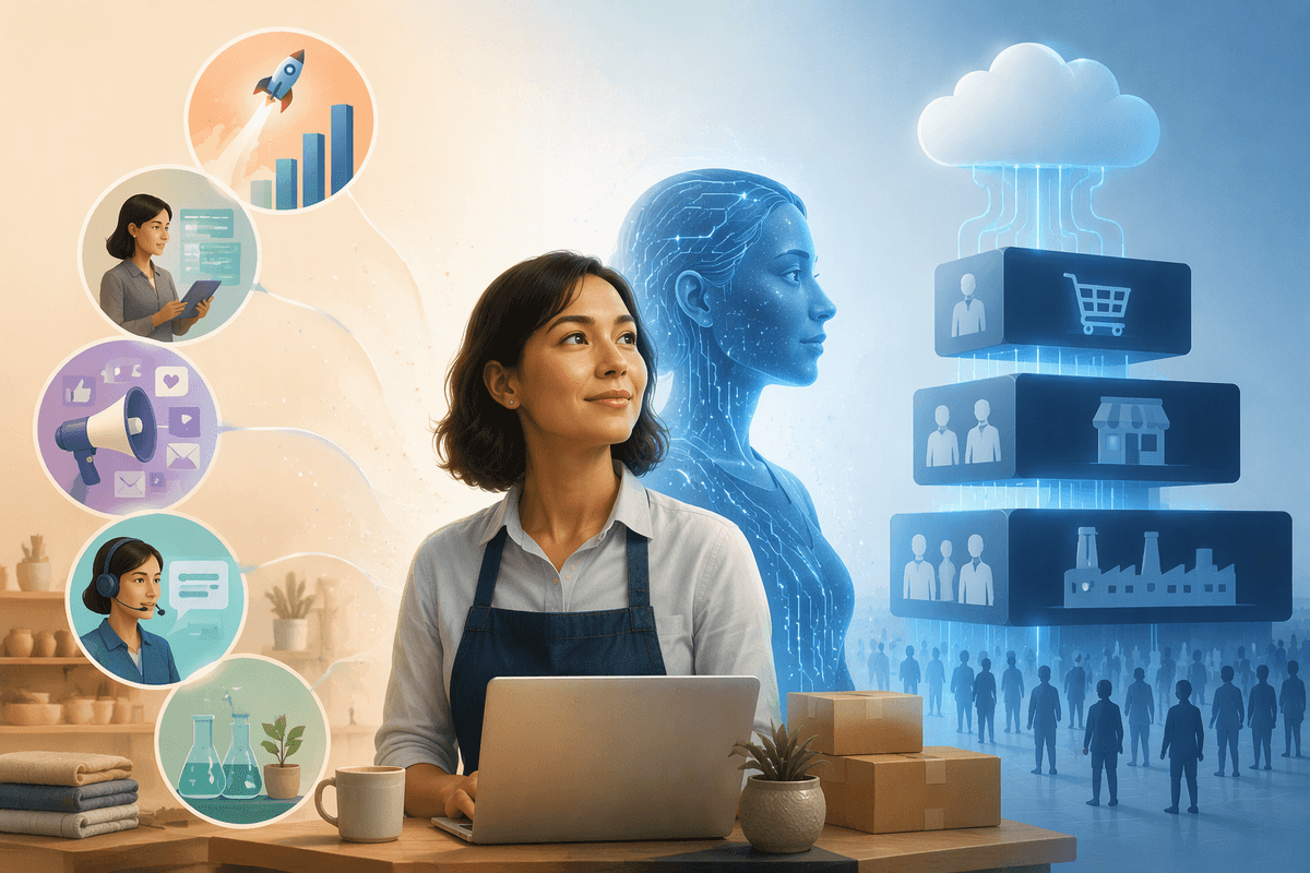 Editorial illustration for How AI Changes Small-Business Competition in AI’s Impact on Small Businesses: Democratization or New Dependence?.